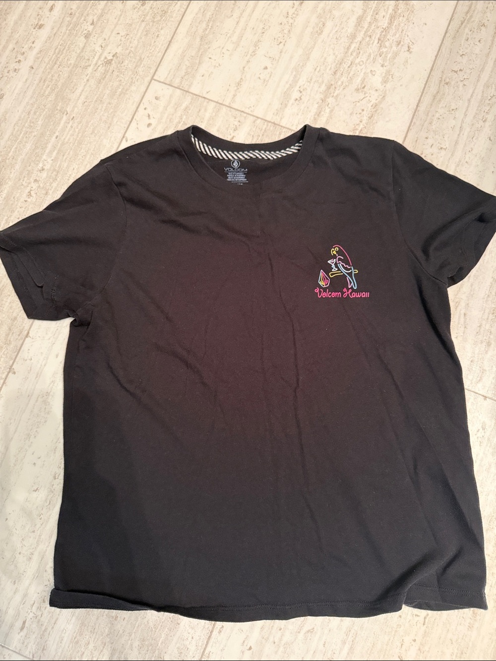 Volcom Black Short Sleeve Tee with Neon Parrot Chest Graphic